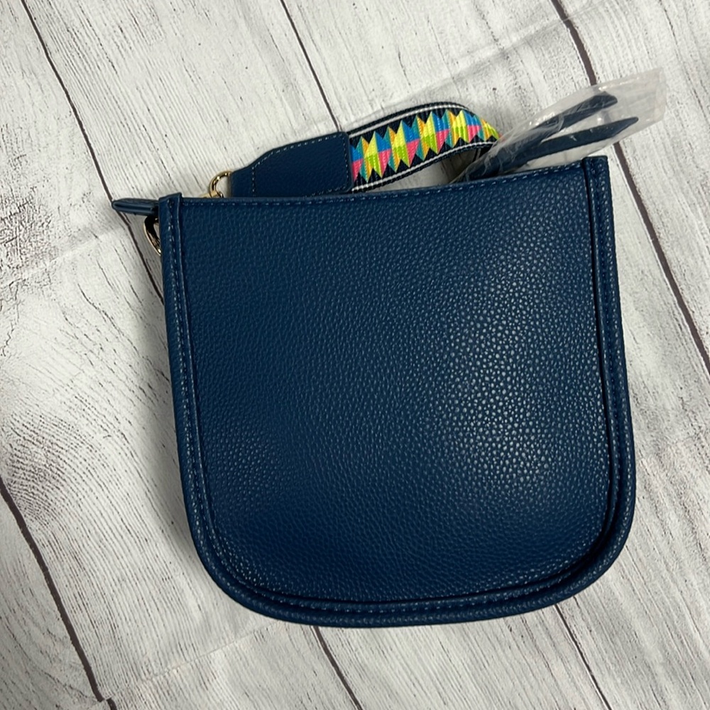 Montana West Womens Blue Leather Crossbody With Multicolor Wide Strap.